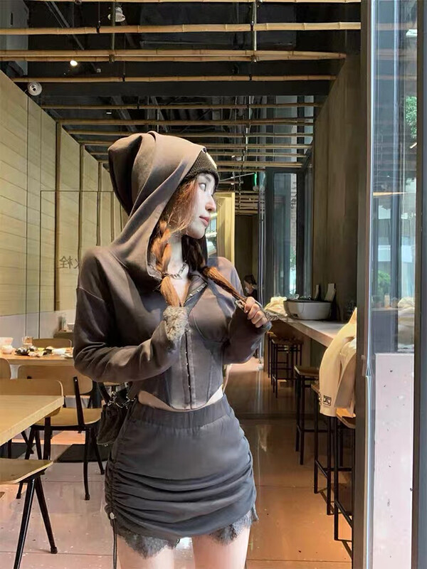 New in autumn! [Amanda] Fishbone waist hooded sweater + lace drawstring culottes suit 9865# PCZ