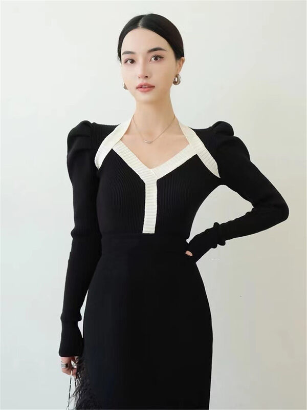 New in autumn! [Semi-plain] square collar color-blocking thin sweater L1092# ZJY