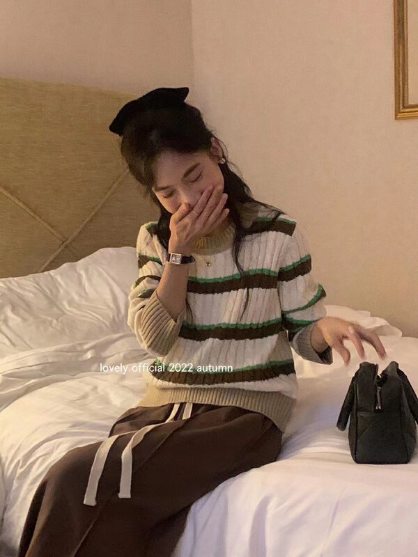 【LOVELY/SHMILY】Colorblock Striped Twist Sweater Warm Sweater m0667-1# FHX