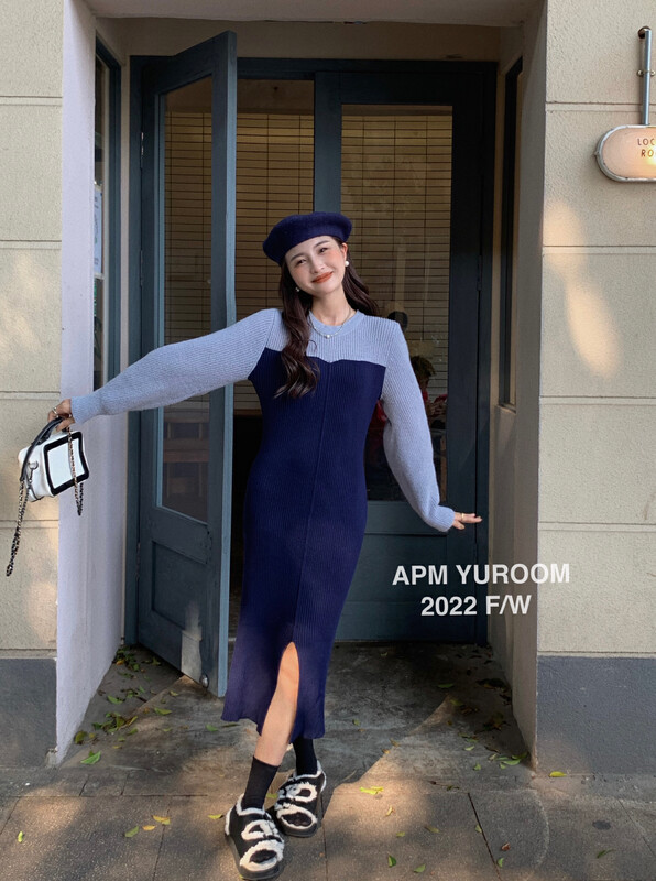New in autumn!【APM YUROOM】French retro contrast color split knitted dress 6105# LSL