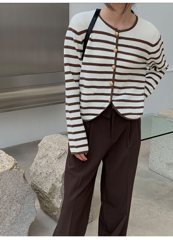【THE MIND】Round-neck striped age-reducing knitted cardigan warm sweater 71320# JHY