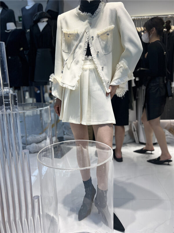 Autumn is new! [Semi-plain] Fur edge temperament small fragrance coat + pleated skirt suit (only selling suits) Y786# ZJY