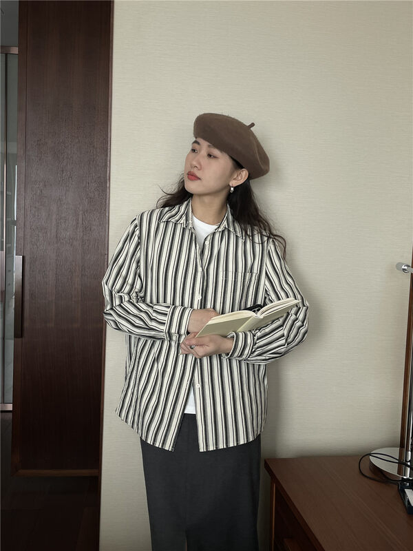 New in autumn! [TN] Korean loose striped button-down shirt YS1-2191# CLS