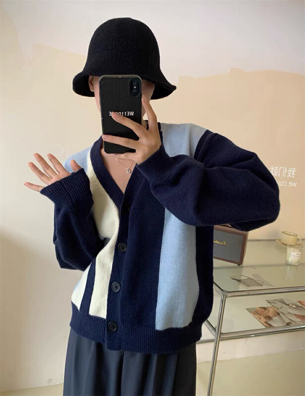 [RAINBOW] Splicing Contrast Color Sweater Cardigan Wool Jacket (Good Color Matching) 7055# FHX