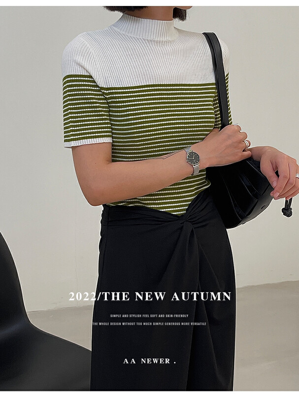 [THE MIND] Half turtleneck striped gradient short-sleeved sweater 71322