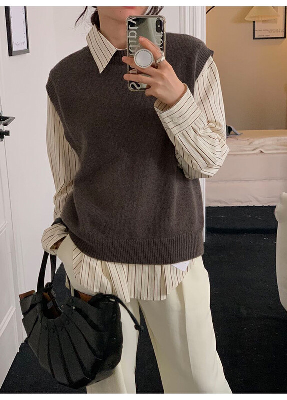 [THE MIND] 50% wool round neck solid color back tie design vest 71366