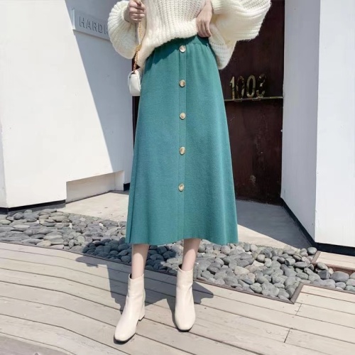 Knitted skirt women's autumn and winter new waist a-line thickened wool mid-length skirt temperament thin skirt