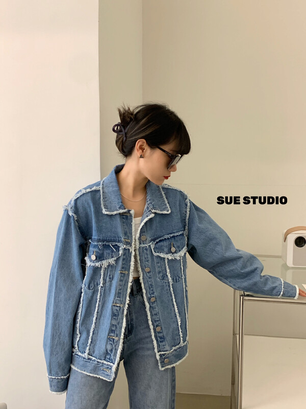 New in early autumn!【SUE STUDIO】Personalized color-blocking raw edge loose denim jacket 8356# ZJY