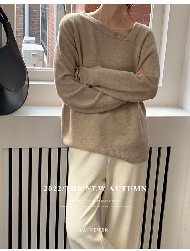 【THE MIND】Wool slanted square neck casual slim solid color all-match sweater 71376