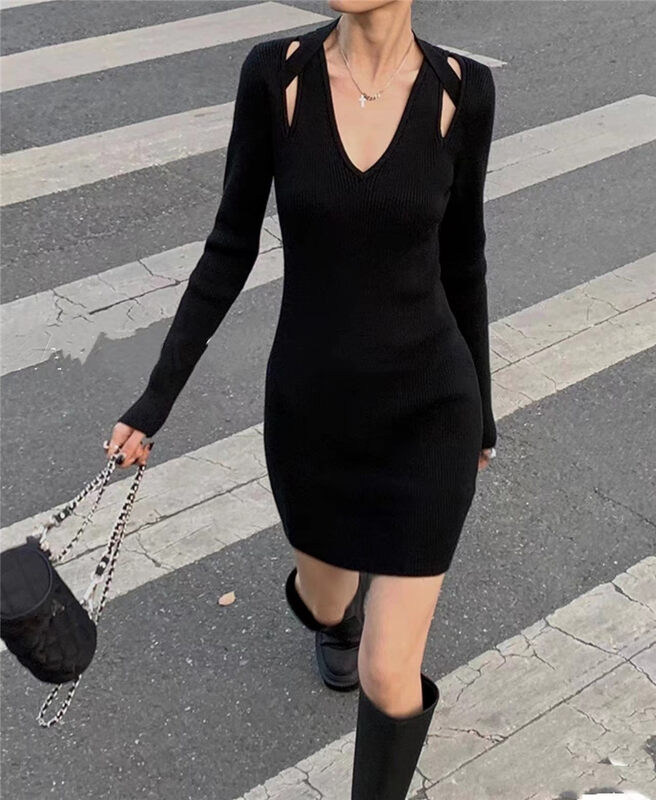 Autumn is new! [Semi-plain] Hollow knitted slim fit hot girl style dress (only sells dresses) L1069# ZJY