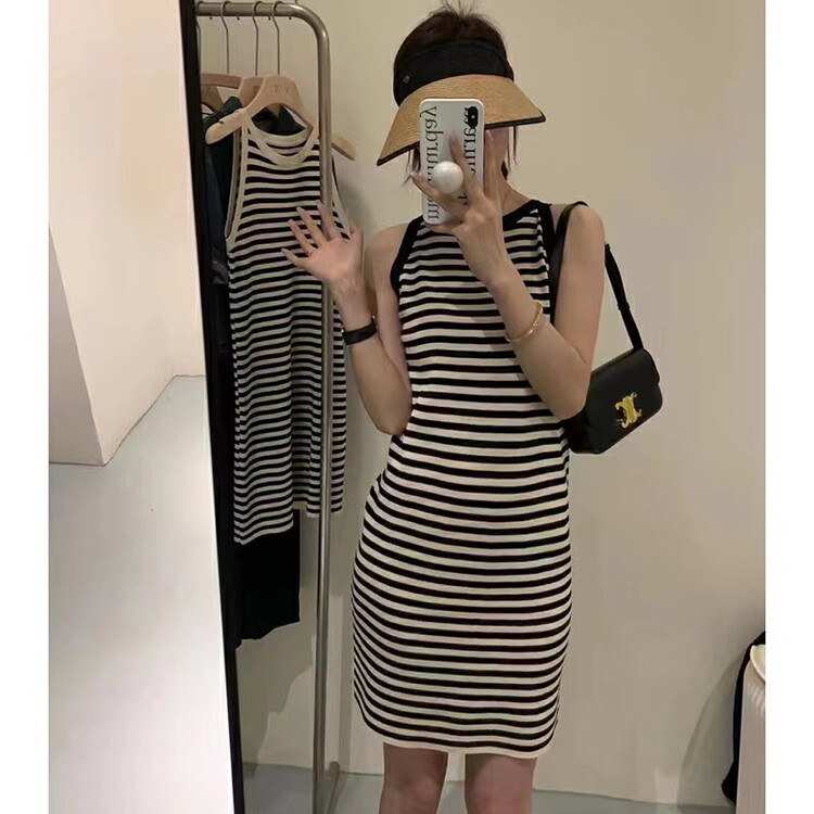 [RAINBOW] Popular halter neck striped knitted skirt dress 9365-2