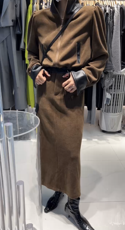 New in autumn! [Semi-Plain] Waist Head Leather Design Long Straight Skirt J970# ZJY
