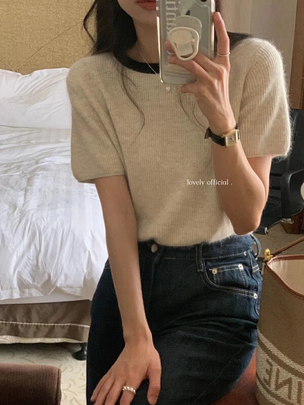 【LOVELY】Contrast color round neck pullover knitted sweater M0675