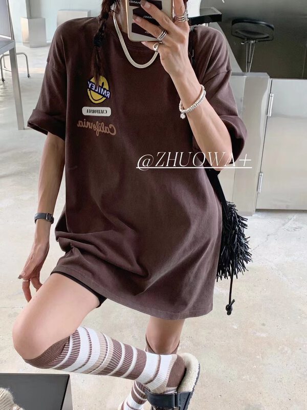 【Strictly selected by buyers - Zhuowa】Personalized front and back pattern loose medium and long short-sleeved T-shirt 2372# CL