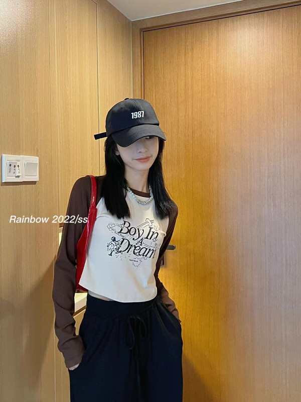 [RAINBOW] Explosive style shoulder sleeves contrast color net red hot girl shirt 08319