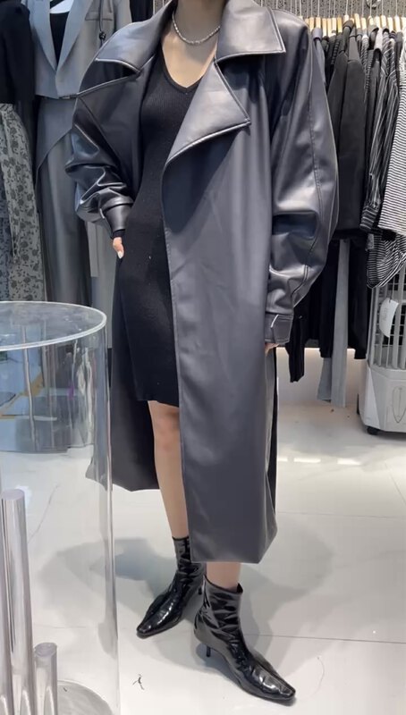 New in autumn! [Semi-plain] lapel long temperament strappy leather jacket (with belt) U5127# ZJY
