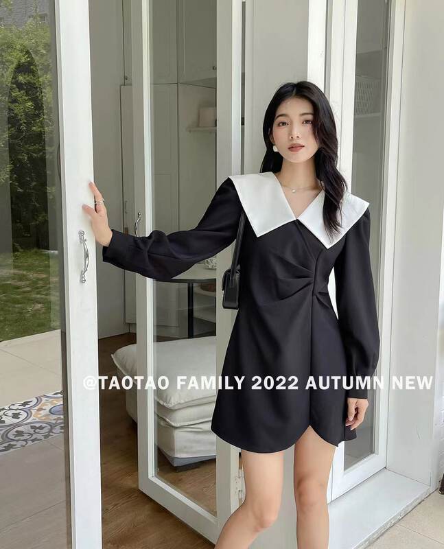 New in early autumn!  【TAOTAO FAMILY】Color-blocked pleated large lapel suit dress 3731# XJ