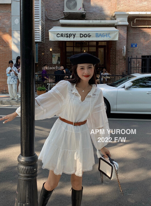 Autumn is new! [APM YUROOM] Temperament heavy industry lace stitching dress (with belt) 9151# LSL