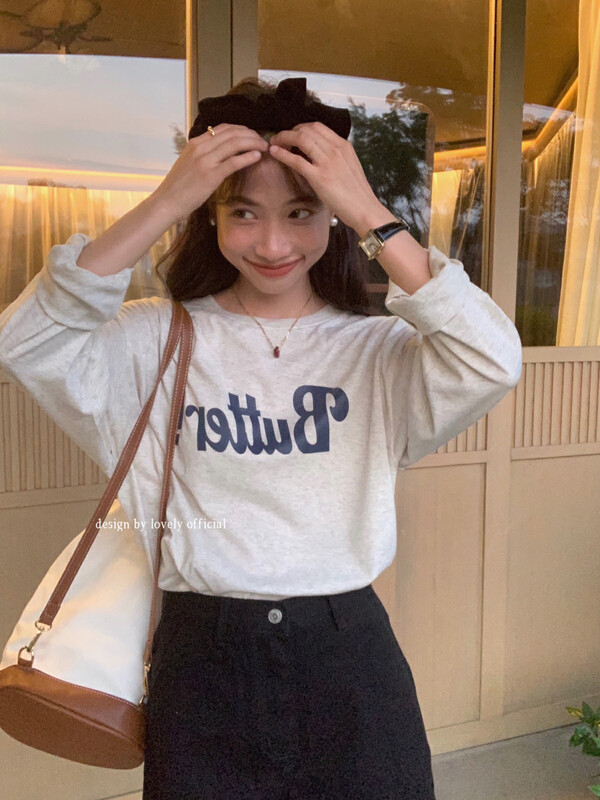 [LOVELY] Casual Loose Letter Print Long Sleeve T Long Sleeve T-Shirt Z1269