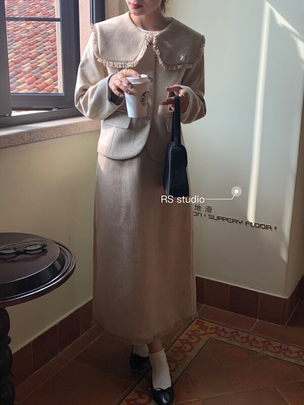 Autumn is new! [RS] Large lapel comfortable small fragrance short coat + high waist skirt suit KL0016# FHX