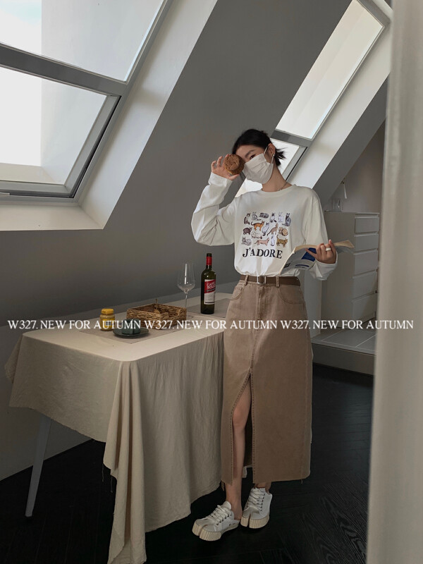 【W327.】Customized Fried Salt Washed Slit Skirt 93181# CQW