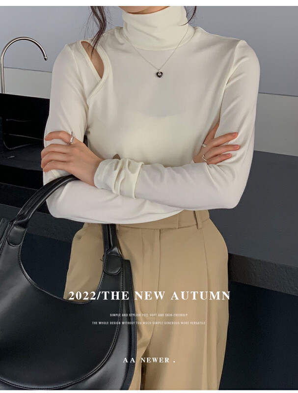 【THE MIND】Semi-high neck off-shoulder design slimming and fashionable all-match knitted sweater 61186