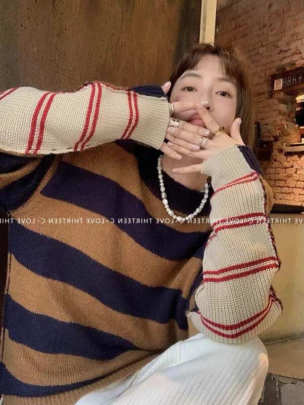 [RAINBOW] Net red design ab striped sweater 22575