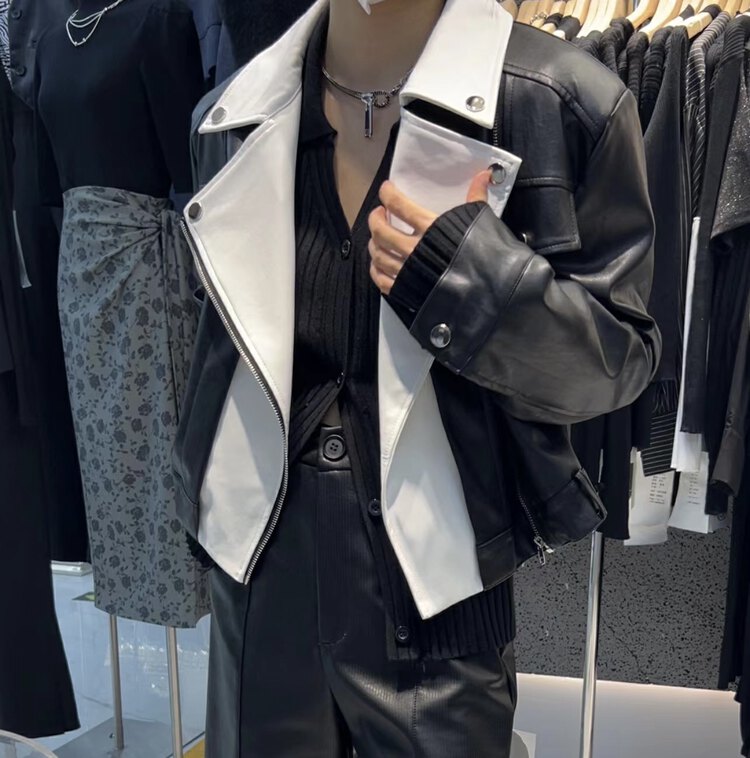 New in autumn! [Semi-plain] Contrast color lapel motorcycle style leather jacket U5121# ZJY