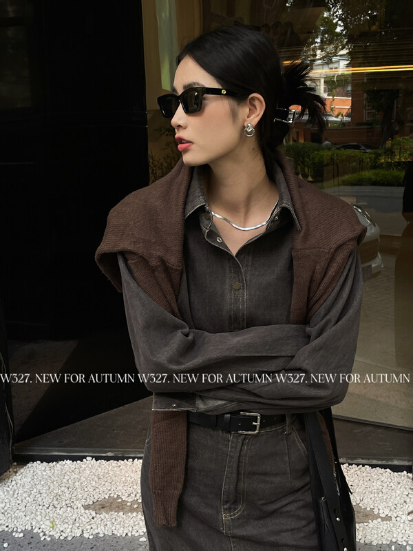 【W327.】Korean Washed Denim Shirt with Shoulder Pads (Coat) 93215# CQW