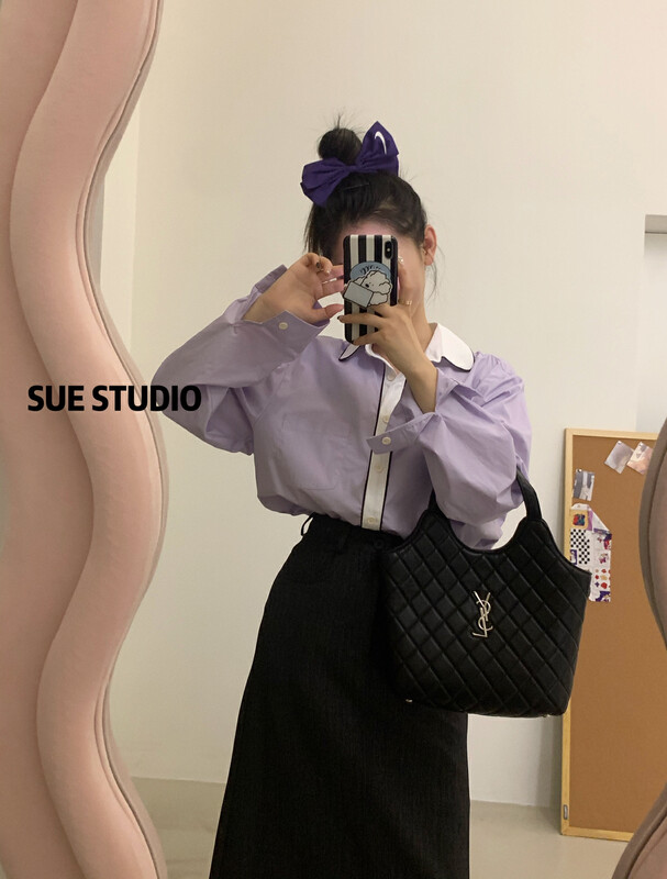 New in autumn! [SUE STUDIO] little doll collar contrast color shirt N99908# ZJY
