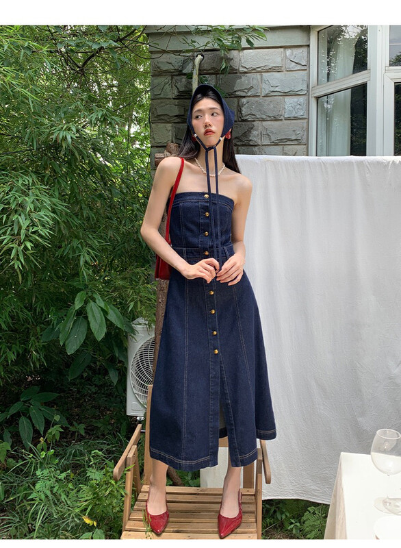 New in early autumn!【NEW OPEN】Korean texture waist tube top button denim dress FB80059# ZXX