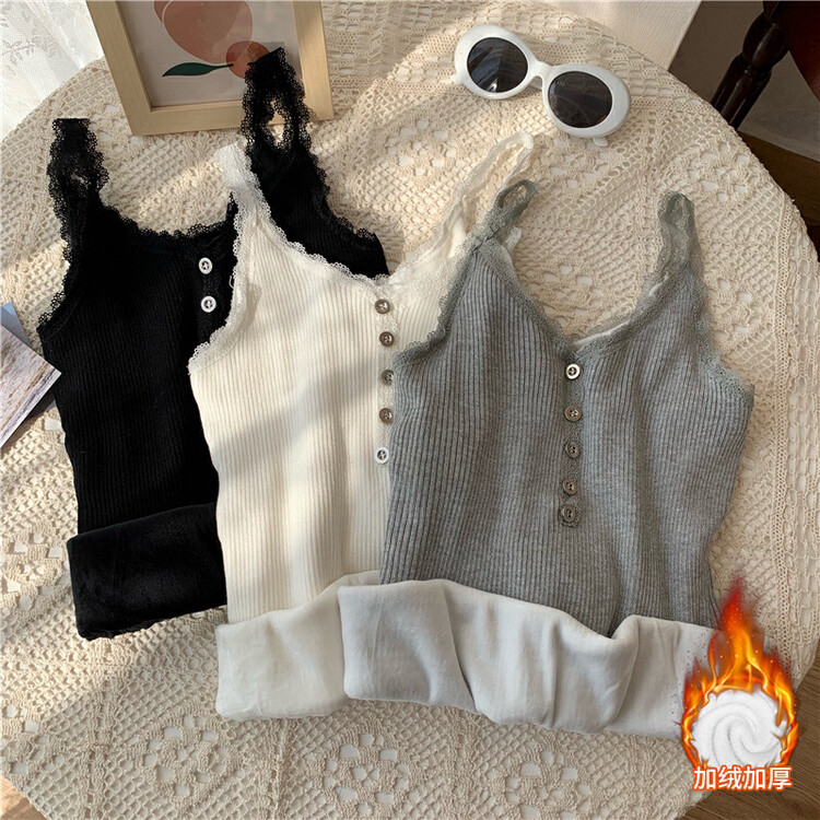 New in autumn! [KD] lace beauty back plus velvet thick vest/sling 6662# HJY