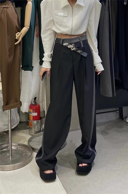 New in autumn! [Semi-plain] color matching straight-leg loose casual pants (with belt) H036# ZJY