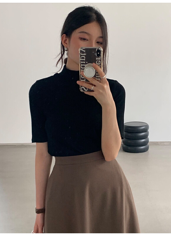 【THE MIND】Ins Korean style half turtleneck stitching fashion all-match short-sleeved sweater 61206# JHY
