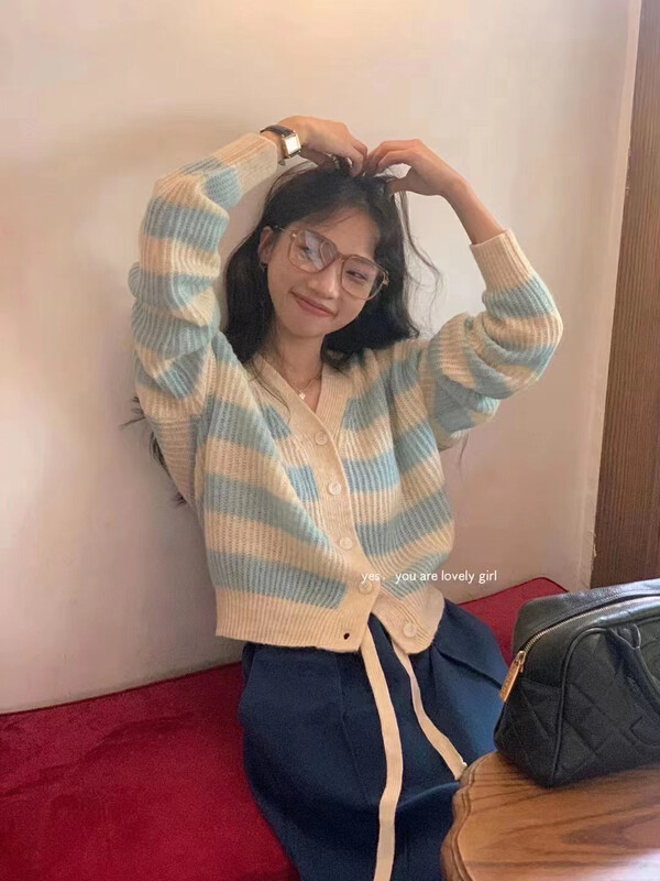 【LOVELY】Lazy Loose and Contrast Color Early Autumn Pullover Cardigan Knit Cardigan M0677# FHX