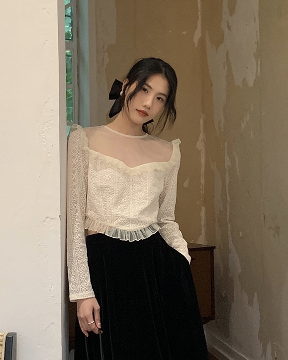 New in autumn!【NEW OPEN】French lady hollow see-through fungus edge lace shirt VY80317# ZXX