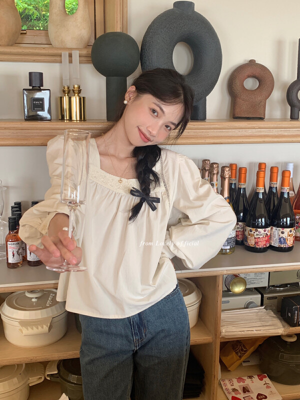 [LOVELY] Simple temperament retro lace stitching shirt shirt S2026