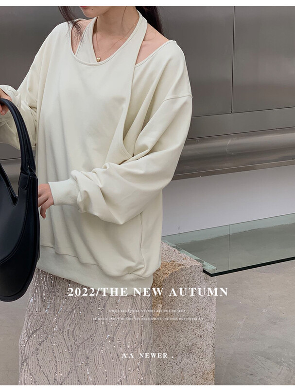 【THE MIND】Fake two-piece halter neck off-shoulder lazy design sweater 61189