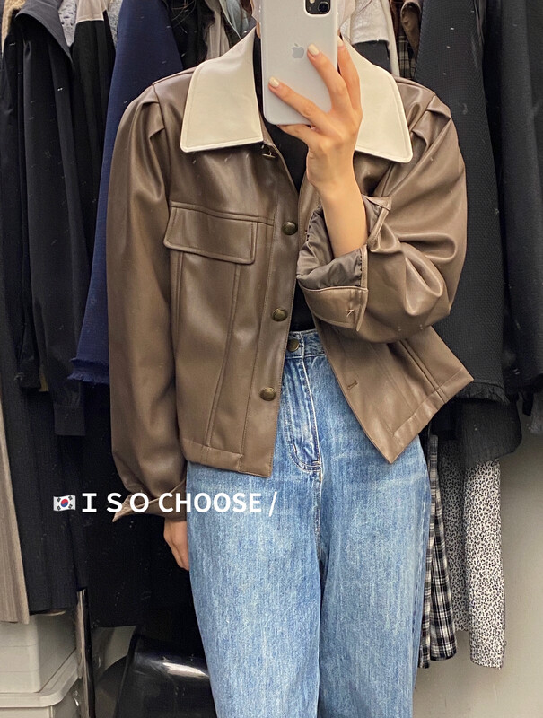 Autumn is new! [ISO Korean series] Korean version chic retro contrast color collar short jacket 66605# HJY