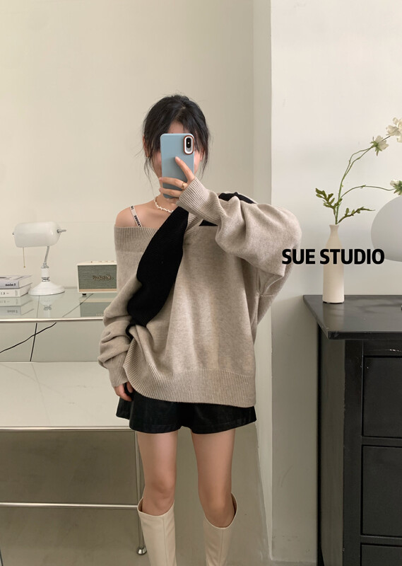 New in autumn! [SUE STUDIO] Contrast color cross-tie pullover warm sweater 8966# ZJY