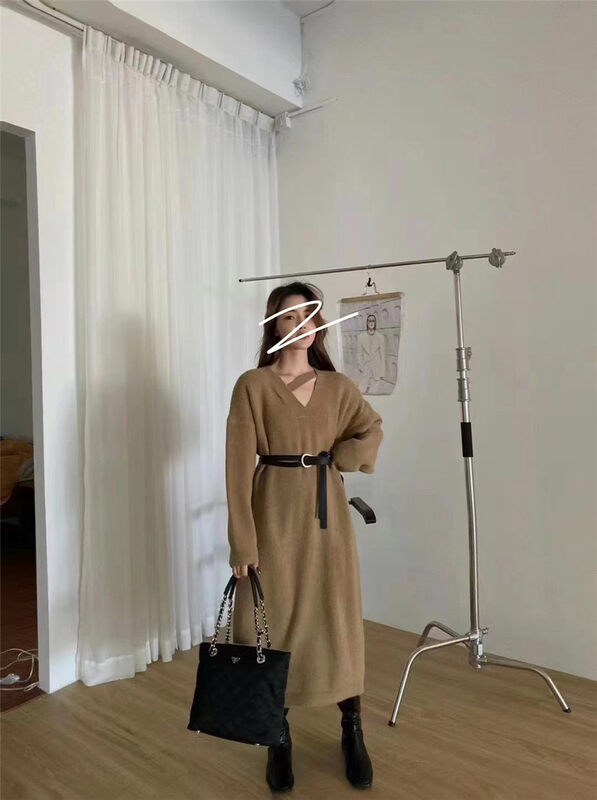 New in autumn! [Semi-plain] V-neck knitted casual long dress (with belt) 8899-1# ZJY