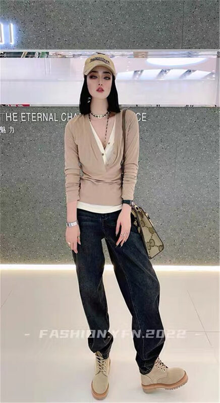 New in autumn! [Yayiro] fake two-piece fashion all-match bottoming shirt 2337# GYJ