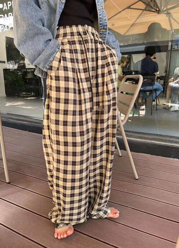 【RAINBOW】Explosive Check Contrast Wide Leg Pants Casual Pants 06133