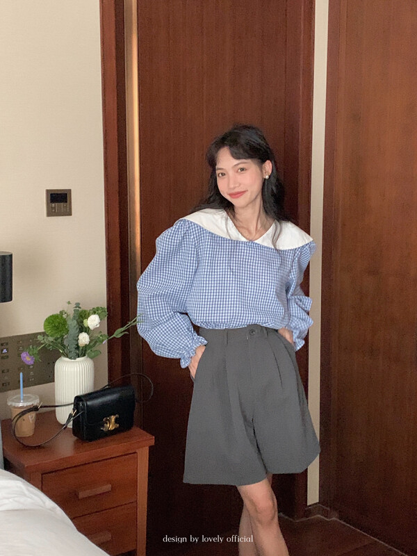 [LOVELY] Korean plaid lapel top shirt S1703-1
