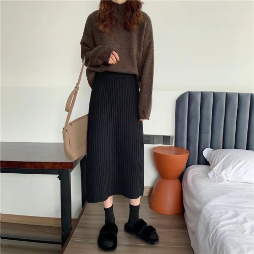 Korean style high waist slim black one-step skirt with hips