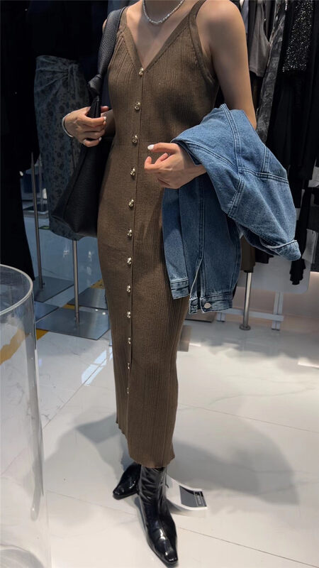New in autumn! [Semi-plain] V-neck long breasted suspender dress L1073# ZJY