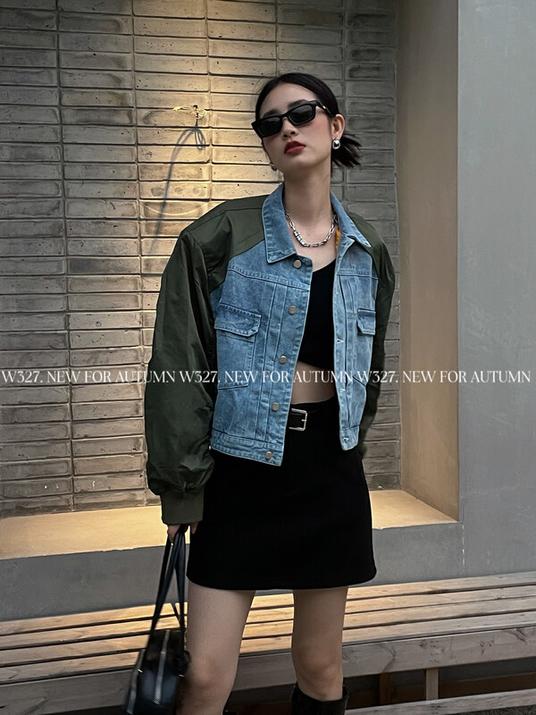 [W327.] Denim stitching lapel baseball jacket (with removable shoulder pads) 93207# CQW
