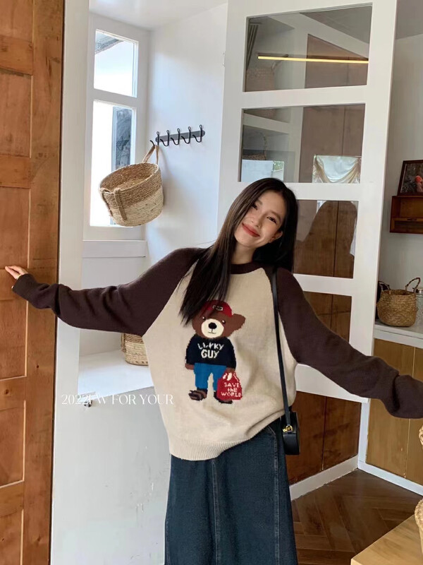 【RAINBOW】Explosive style shoulder sleeves bear color cartoon warm sweater 12688# FHX