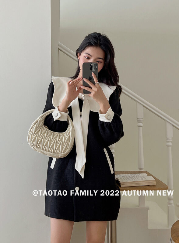 Autumn is new!【TAOTAO FAMILY】Sweet temperament contrast color breasted dress 3856# LSL