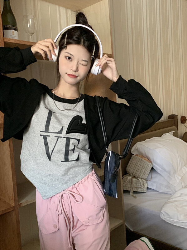 【RAINBOW】Explosive Love OEM sweater stitching contrast sleeve shirt 80309# FHX